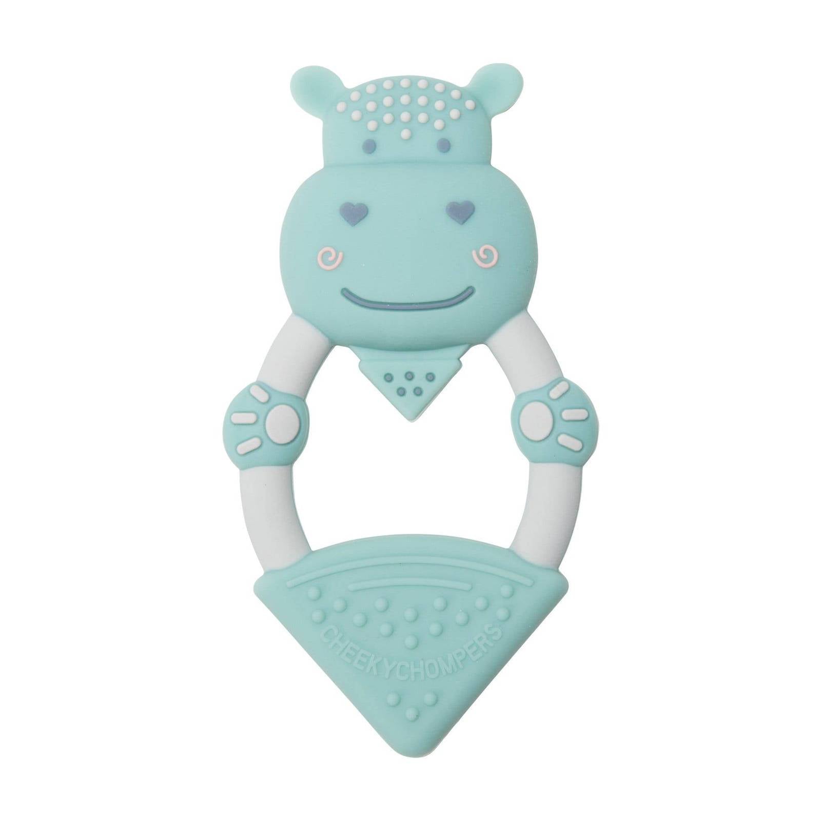 Baby teething toy in blue hippo design.