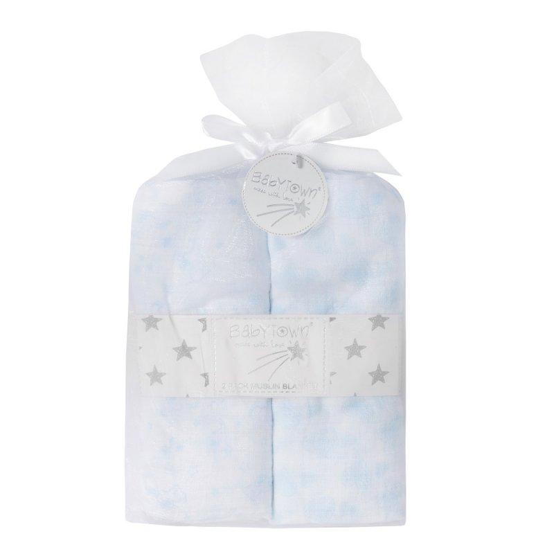 2 Pack White/Blue Muslin Blankets - Bumbles &amp; Boo