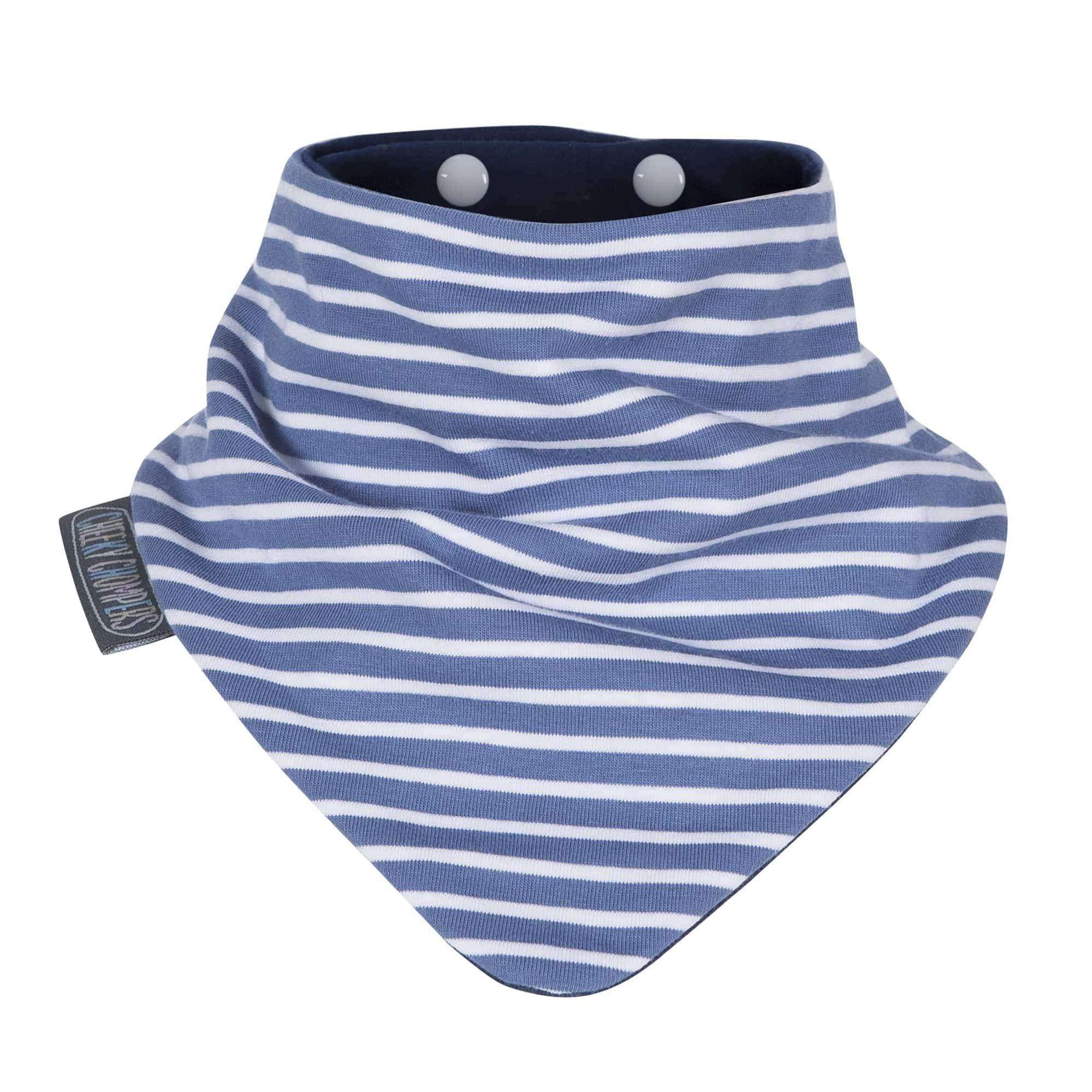 Dribble bib, bandana style with blue and white stripes.