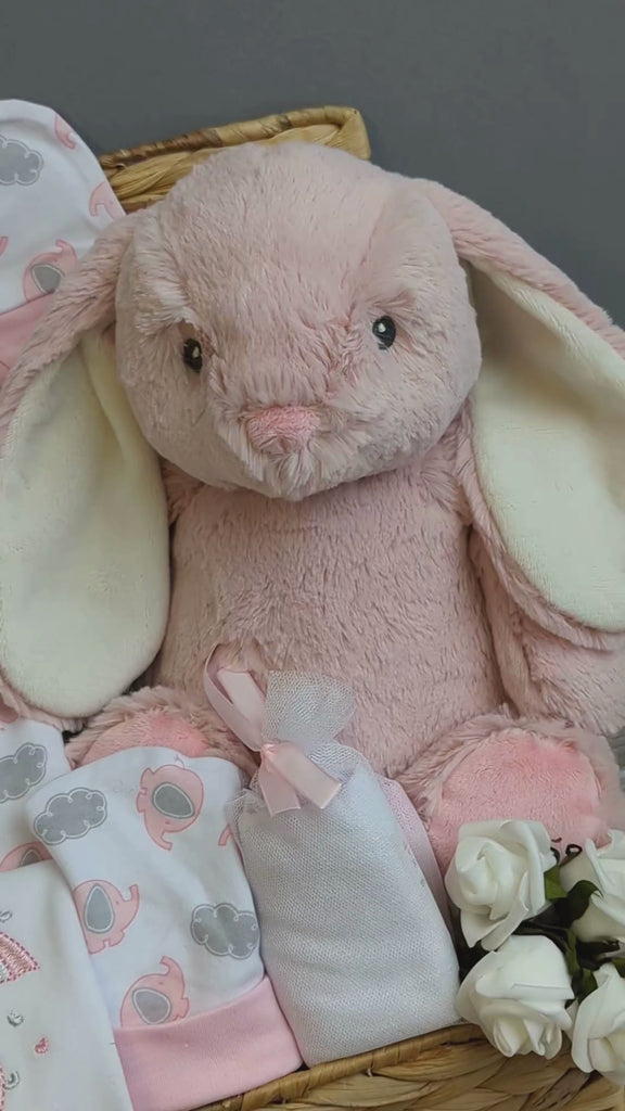 baby girl hamper with bunny and clothing set.