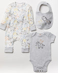 Baby clothes set with horse,cow and chicken design in white, grey and yellow.