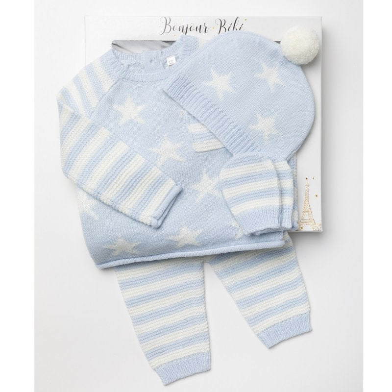 Baby Boys Knitted Outfit Set Blue With White Stars