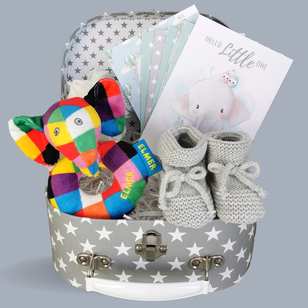 Baby gift hamper with elmer elephant ring rattle &amp; milestone cards in a grey hamper.