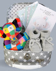 Baby gift hamper with elmer elephant ring rattle & milestone cards in a grey hamper.