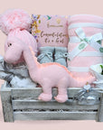 Stunning baby girl gift hamper. Presented in wooden caddy with blanket, organic knit dinosaur, muslin wrap, chocolates, mittens and pom pom hat.