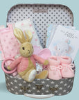 Baby Girl Gift Flopsy Bunny Bean Rattle. Pink Baby Girl Booties. Baby Milestone Cards. New Parents Chocolates. Keepsake Luggage Trunk 