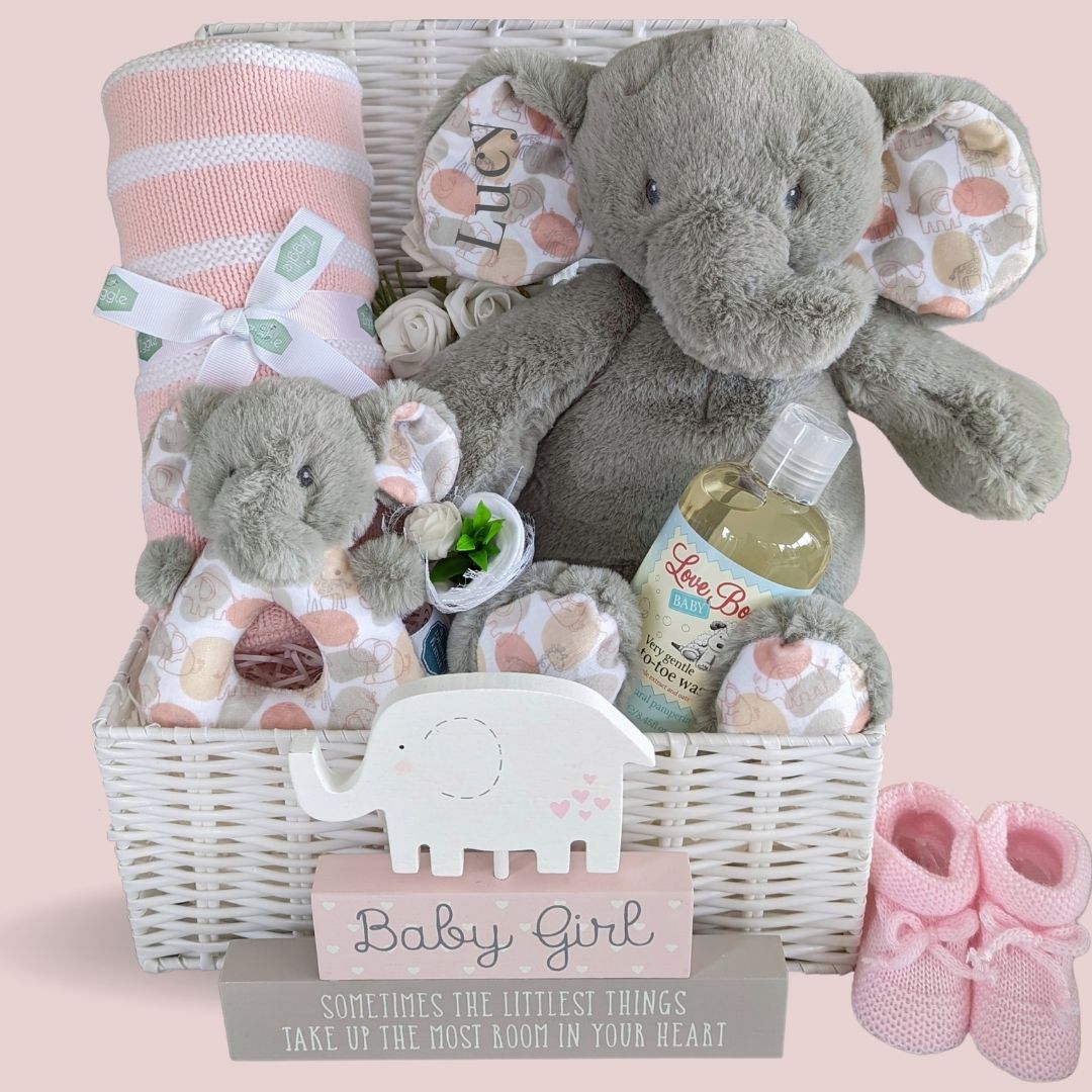 Large elephant new baby girl hamper with baby blanket, teddy and organic baby wash.
