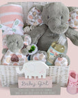 Large elephant new baby girl hamper with baby blanket, teddy and organic baby wash.