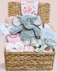 Baby girl hamper gift with presents galore for baby girl. This gift includes baby clothes, baby blanket, elephant soft toy, rattle, chocolates for the parents.