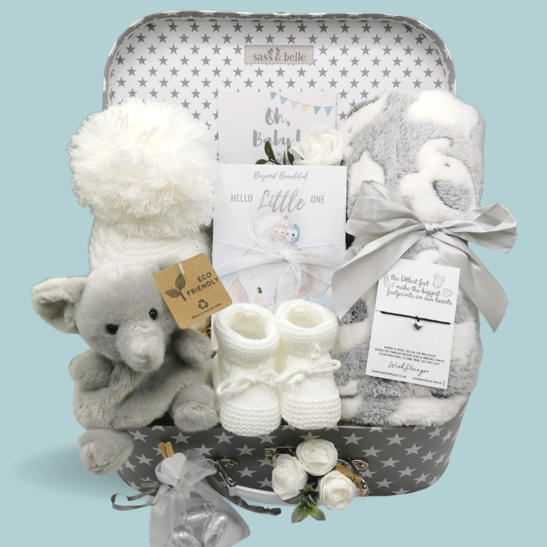 Baby shower hamper - elephant theme gifts in grey & white.