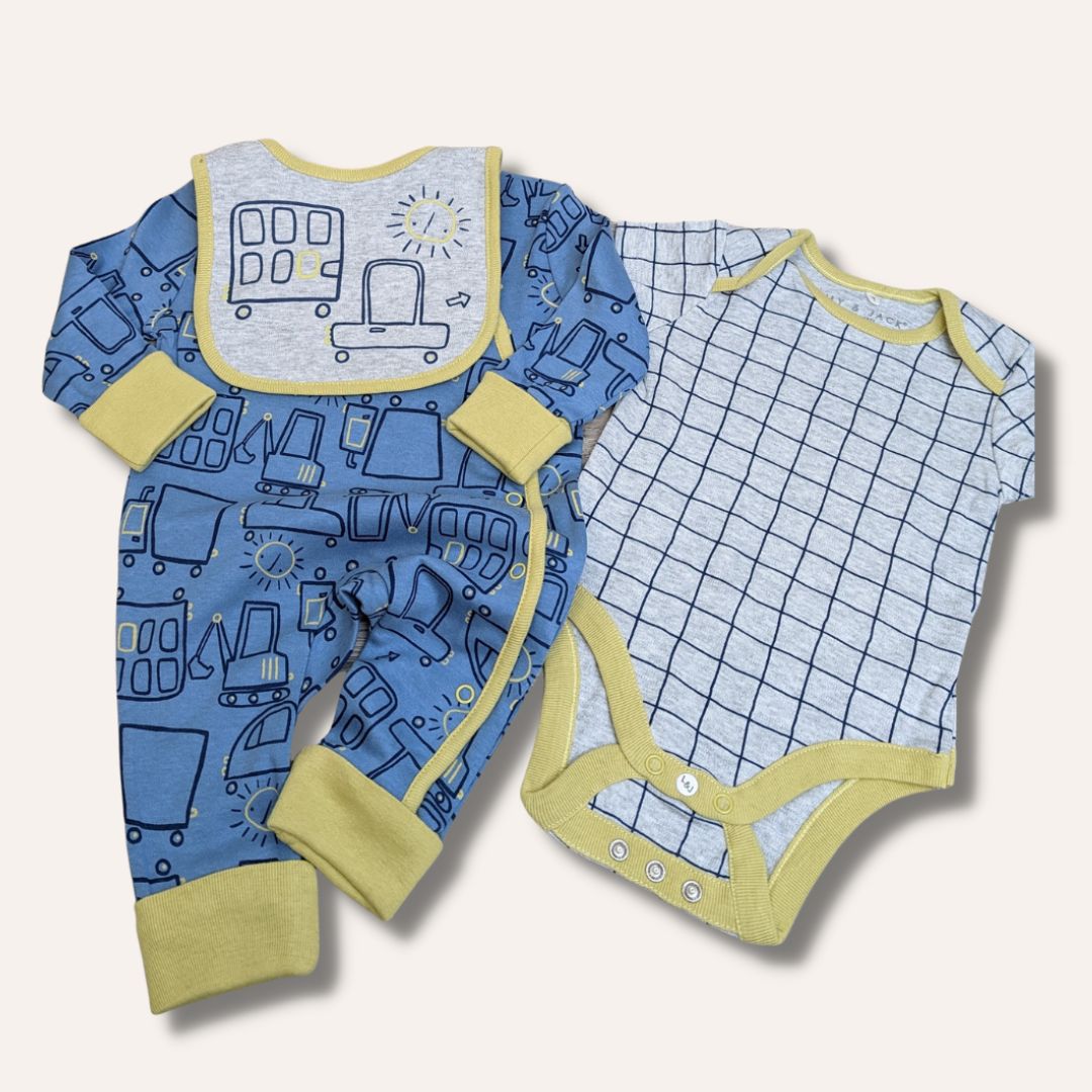 Baby boy clothing set with cars and bus.