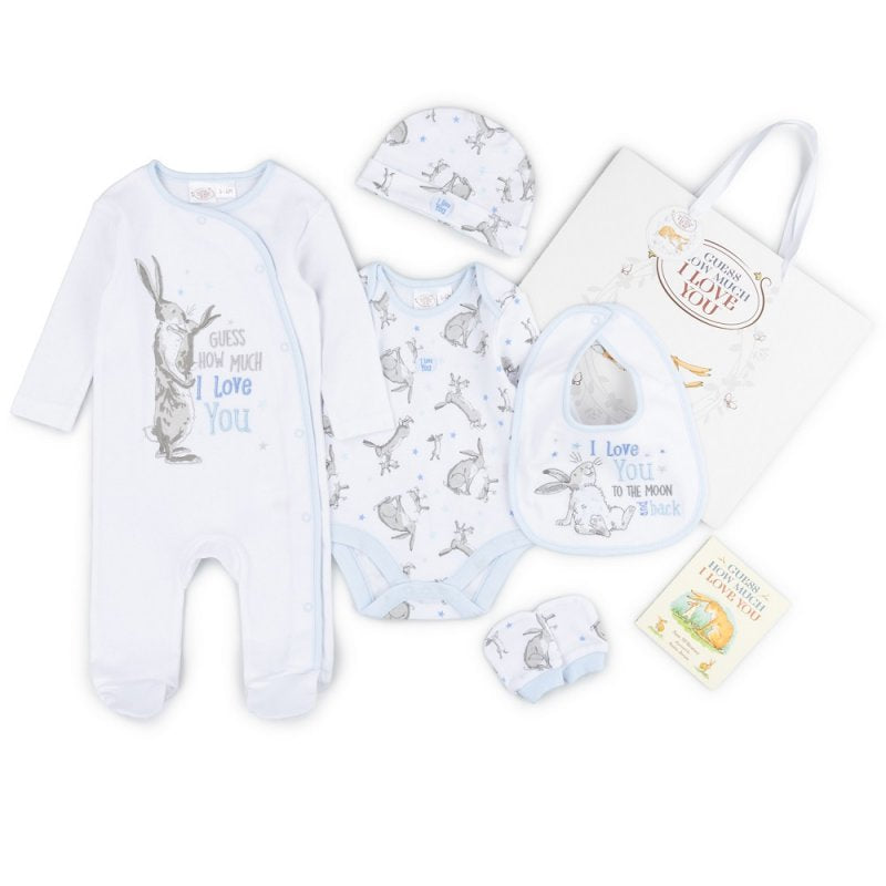 Baby boy clothing gift set with an additional book.  With soft blue undertones, its the perfect gift.