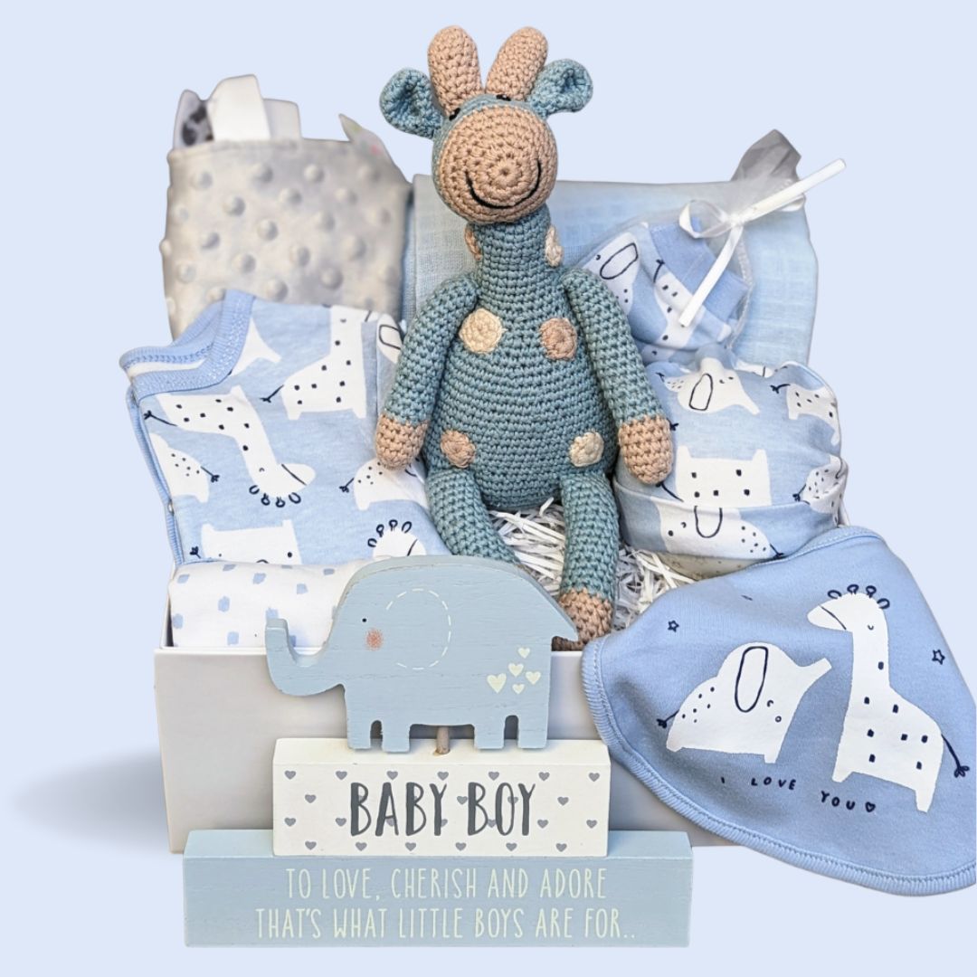Baby boy hamper box with organic giraffe, baby clothing, baby booties and muslin wrap