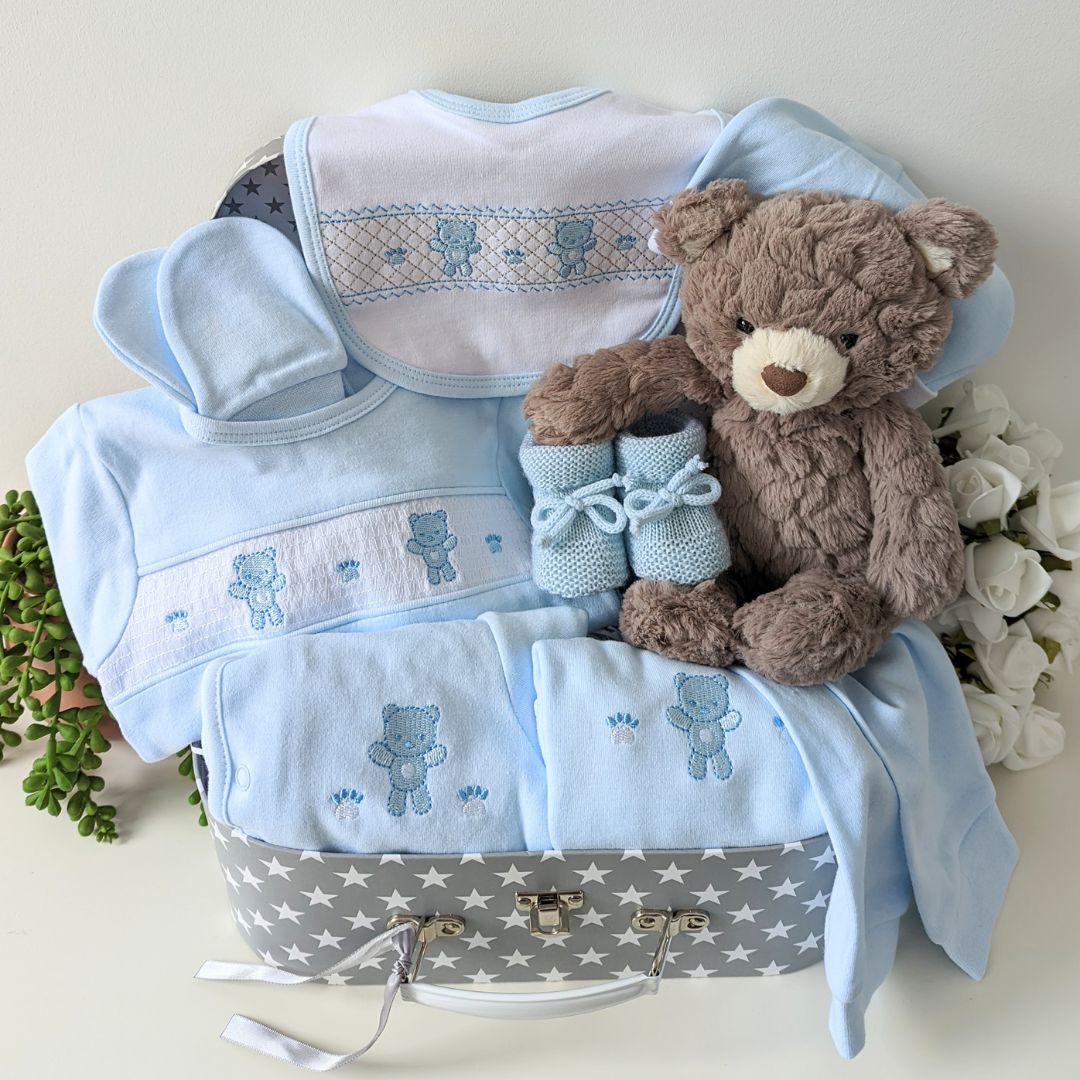 Baby boy gift Hamper, Blue Star Baby Boy Clothing Set and teddy bear
