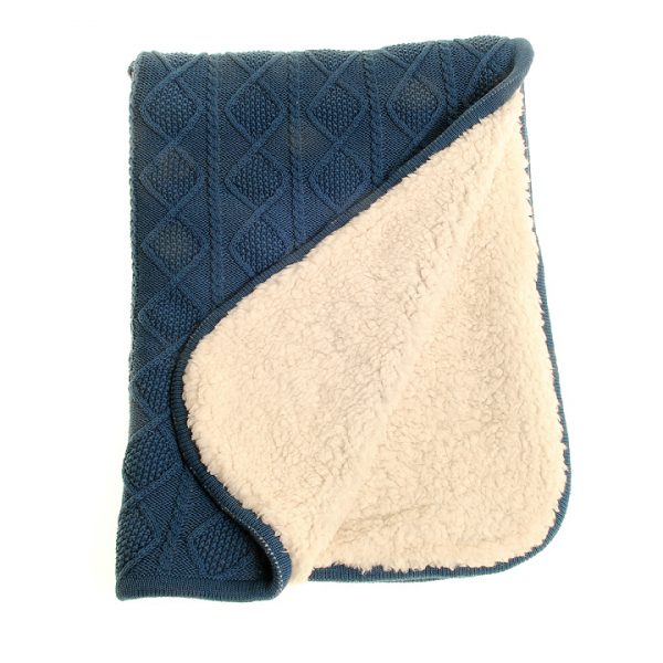 Baby Blanket in dark blue cable knit with sherpa fleece lining