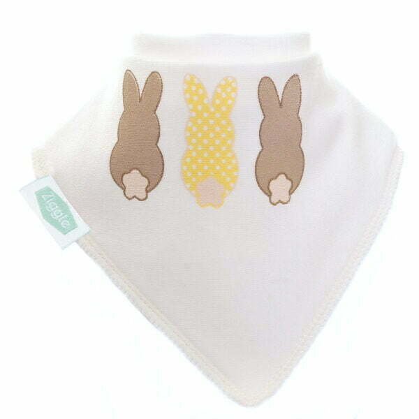 Soft white bandana bib with 3 bunnies on the front.