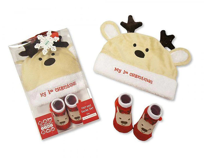 ‘My First Christmas’ Baby Hat and Socks Christmas Gift Set - Reindeer
