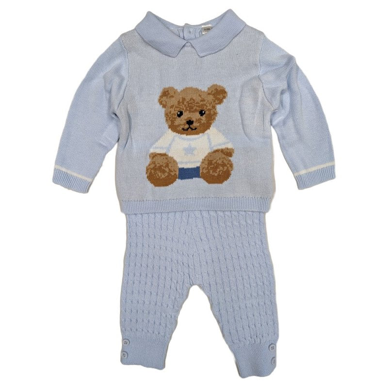 A 100% cotton knitted two piece set with long sleeved top and long trousers.  A teddy bear design on the top