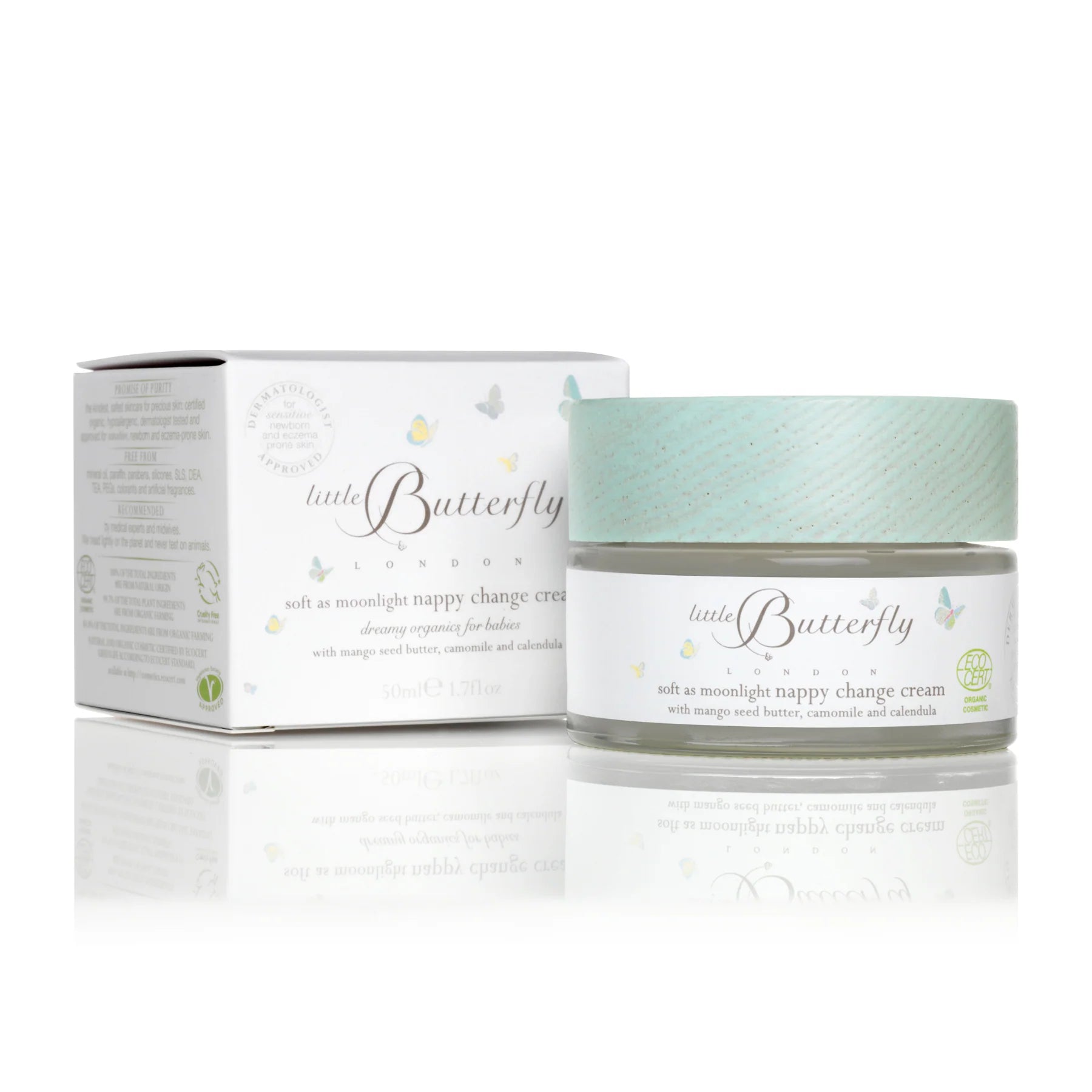 Featuring a delicately soft, sweet scent of lavender, chamomile, nectarine and bergamot, the Nappy Cream – Soft As Moonlight by Little Butterfly London is a luxurious yet effective cream for calming and soothing sore delicate baby skin. 