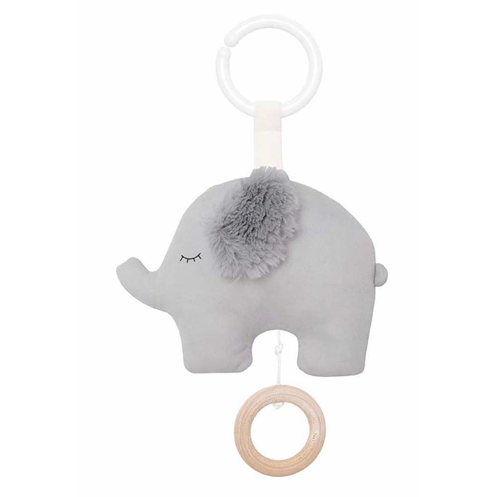 Soft grey elephant with fluffy ears musical pull down toy.