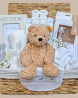 New baby gifts hamper with Sophie La Giraffe, Steiff Teddy, white baby clothes set, Photo Frame, Baby Booties and Blanket.