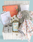 Personalised new baby hamper basket. Gifts include: elephant toy, baby blanket, milestone cards and chocolates.