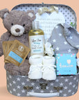 New mum hamper gift with presents for the new baby and also new mum.