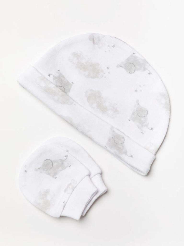 Baby hat and scratch mitts in white.