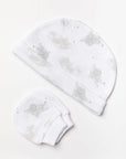 Baby hat and scratch mitts in white.