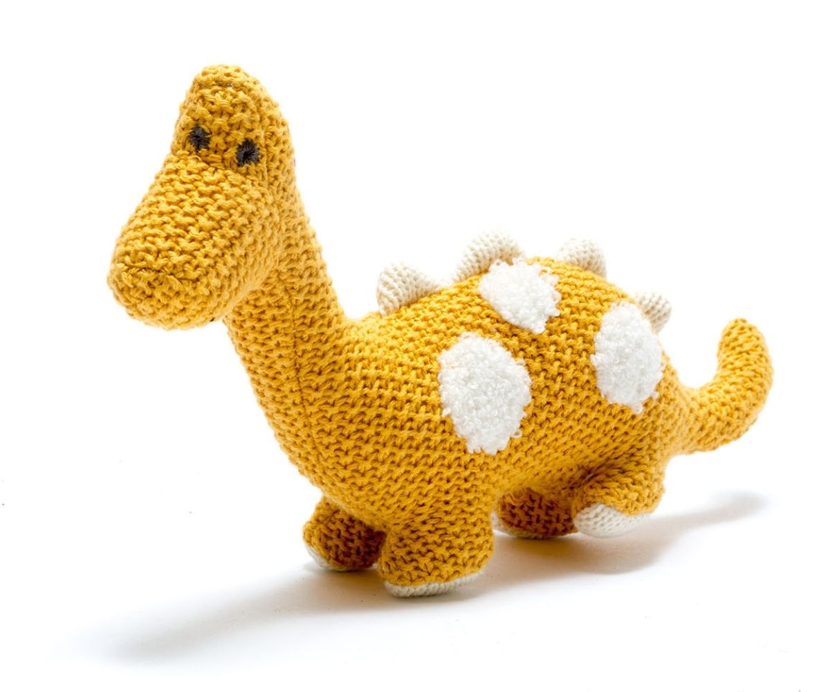 Knitted Organic Cotton Mustard Diplodocus Dinosaur Baby Rattle