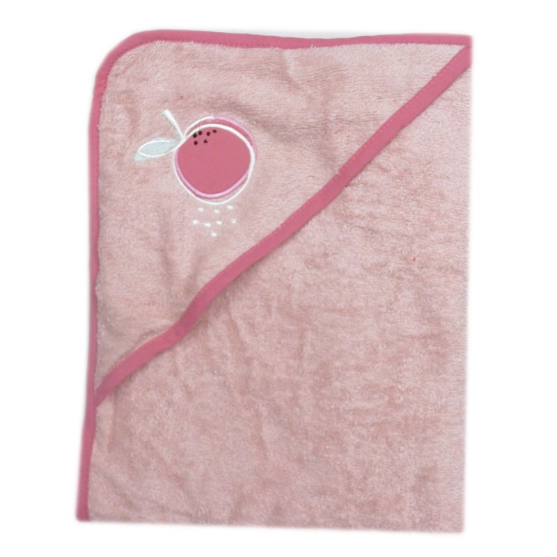 Soft pink 100% organic cotton hooded towel bathrobe with a piece of fruit embroidered on the hood.