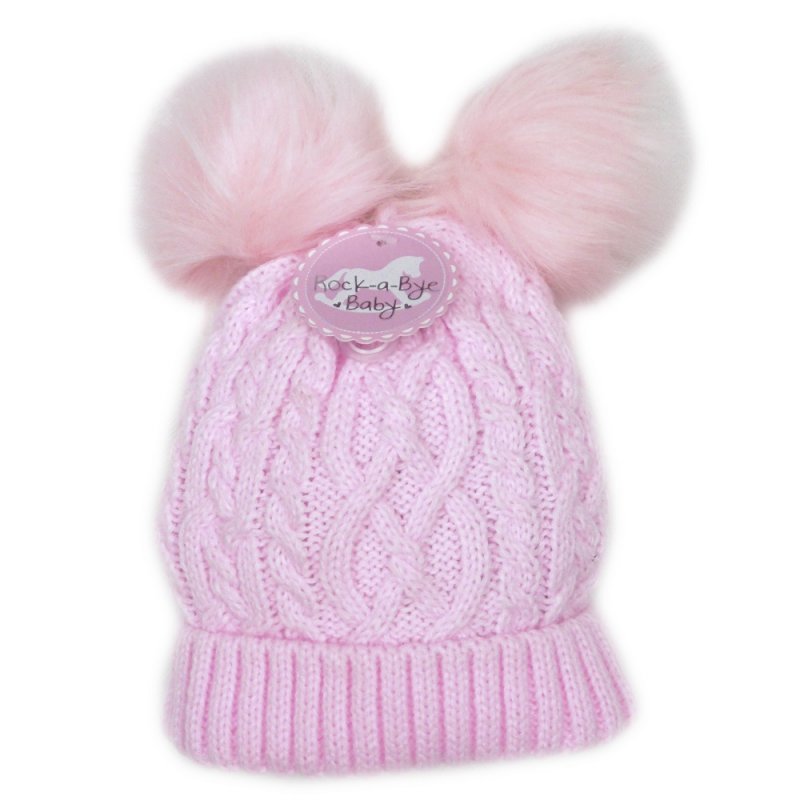 Baby Girls Cable Knit, Double Fur Pom Poms Hat