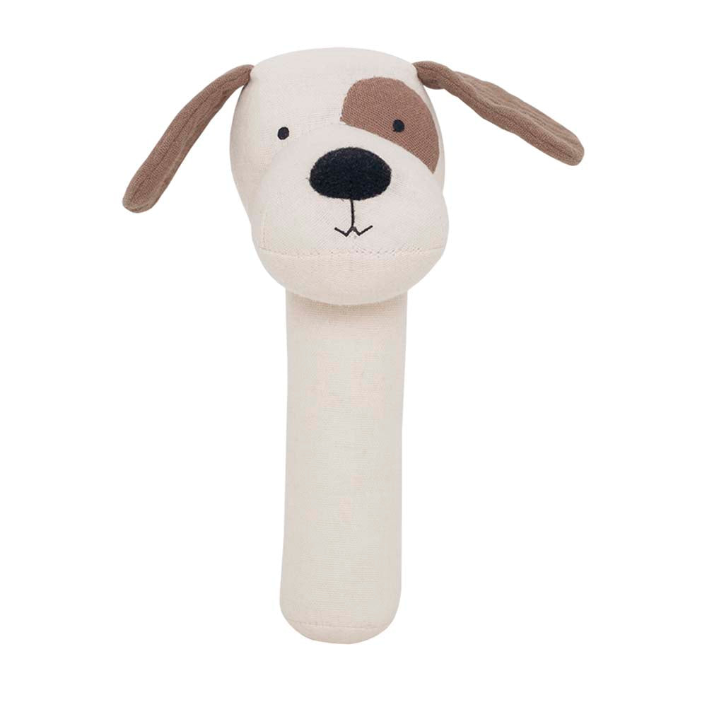 Baby stick rattle perfect for soft hands with a cute puppy head