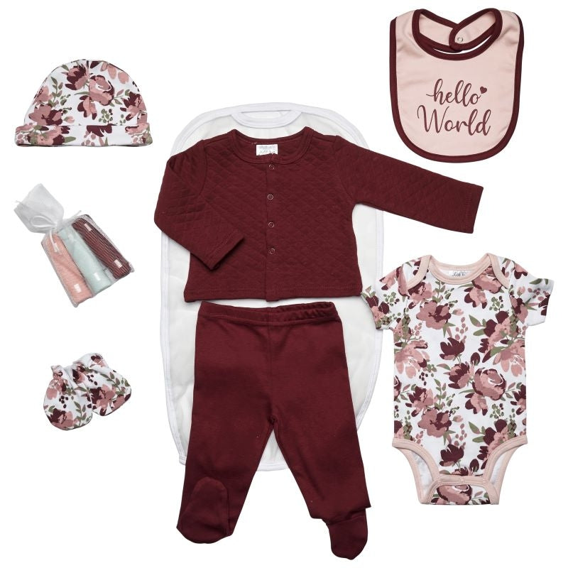 This adorable seven-piece layette set includes a bodysuit, bib and hat, enclosed feet pants and mittens