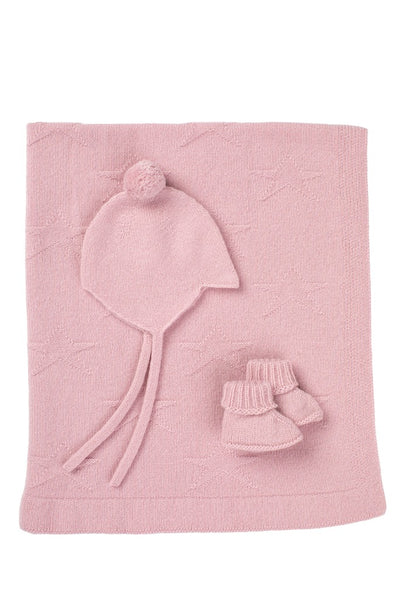 pink cashmere baby blanket, hat and booties.