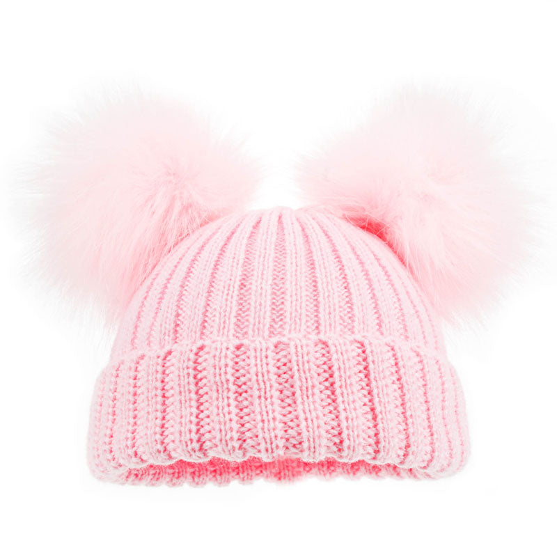 Pink Double Fur Pom Pom Cable Knit Hat