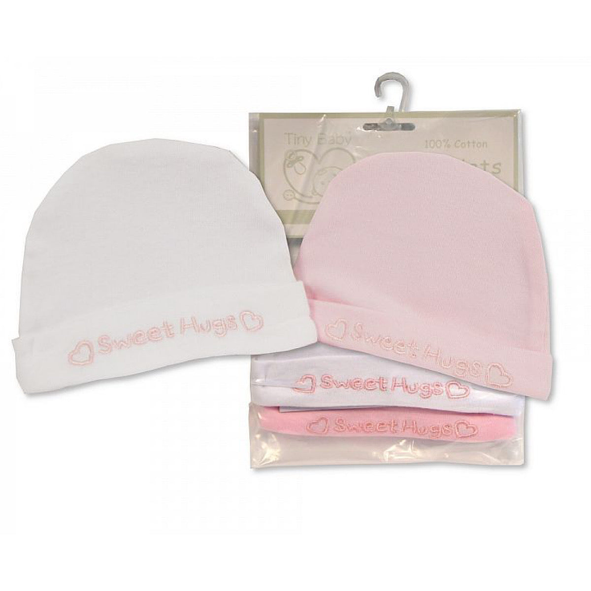 Hat Set of 2 &#39;Sweet Hugs&#39; Tiny Baby Pink and White