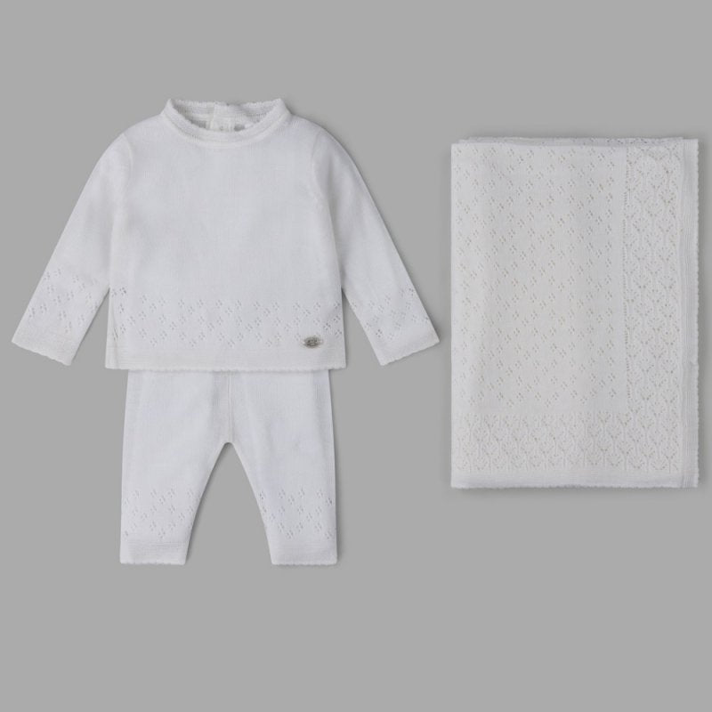 Knitted Newborn Outfit - White 3 Piece Set inc Shawl