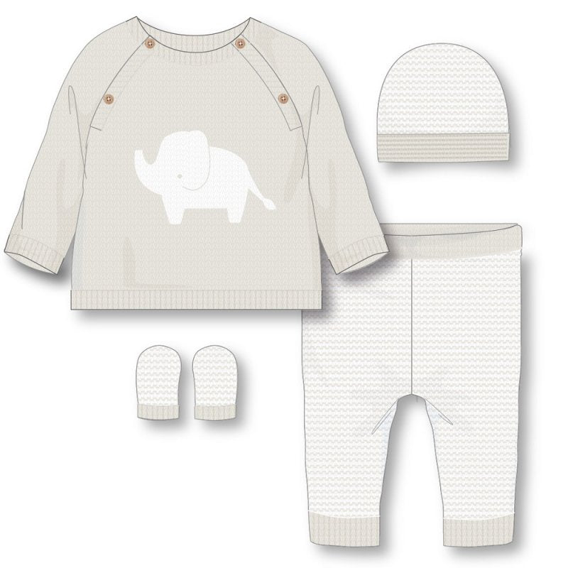 Baby Unisex Elephant Knitted 4 Piece Outfit In A Gift Box (Available in Oatmeal or Grey)