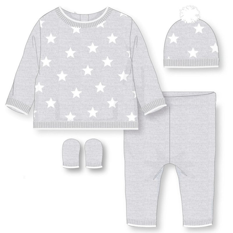 Baby Boys Stars Knitted 4 Piece Outfit In A Gift Box (Blue or Grey)