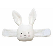 White baby wrist rattle with bunny face and ears. 