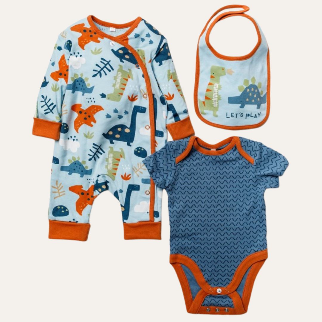 Baby boy clothing set with dinosaur theme.