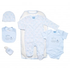 Baby boy blue clothing gift set that contains a long sleeve body suit, short sleeve vest, mittens, hat and bib all with a train theme and pattern