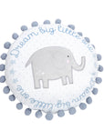 This super soft 30cm fabric cushion features a cute grey elephant design with blue border lettering and blue bobbly trim around the edge. The perfect comforting accessory for a little prince's room. Wipe clean only.