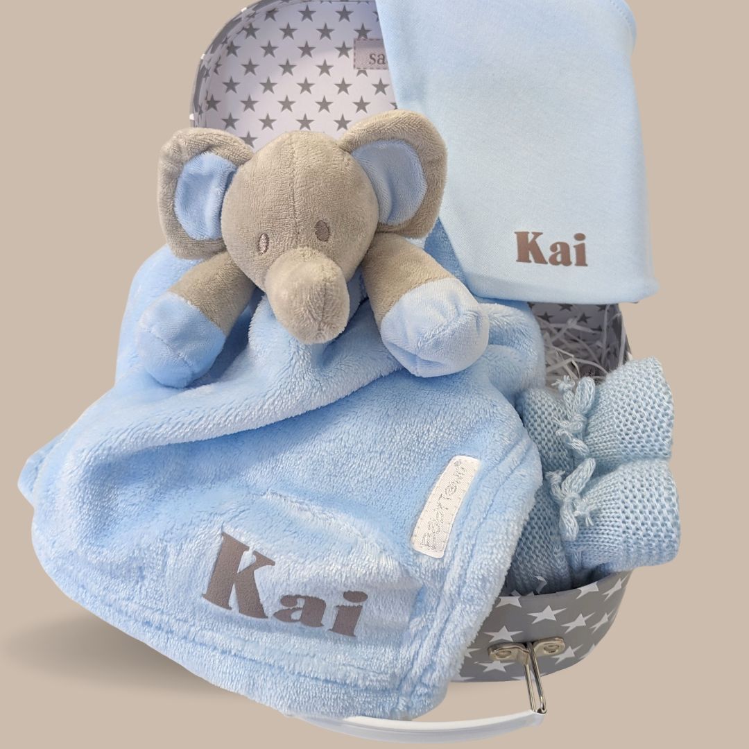 Personalised baby boy gifts hamper with elephant comforter, bandana bib and baby booties.