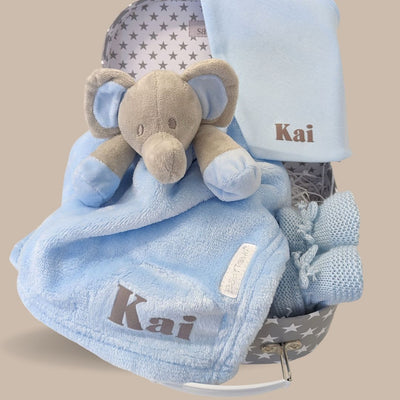 personalised baby shower gift with blue elephant comforter