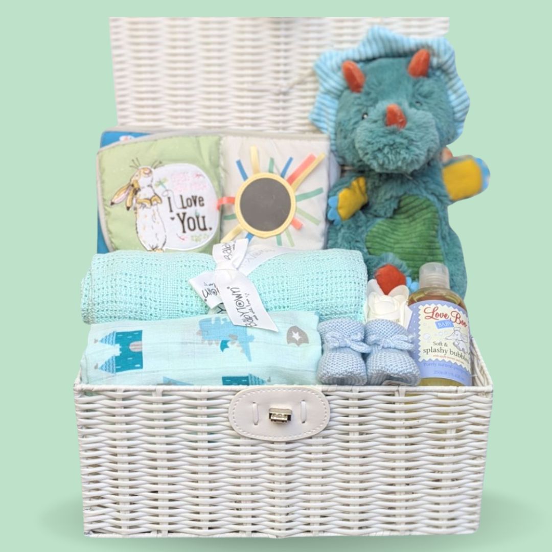 Baby boy hamper gift in white basket with blue/green dinosaur toy.
