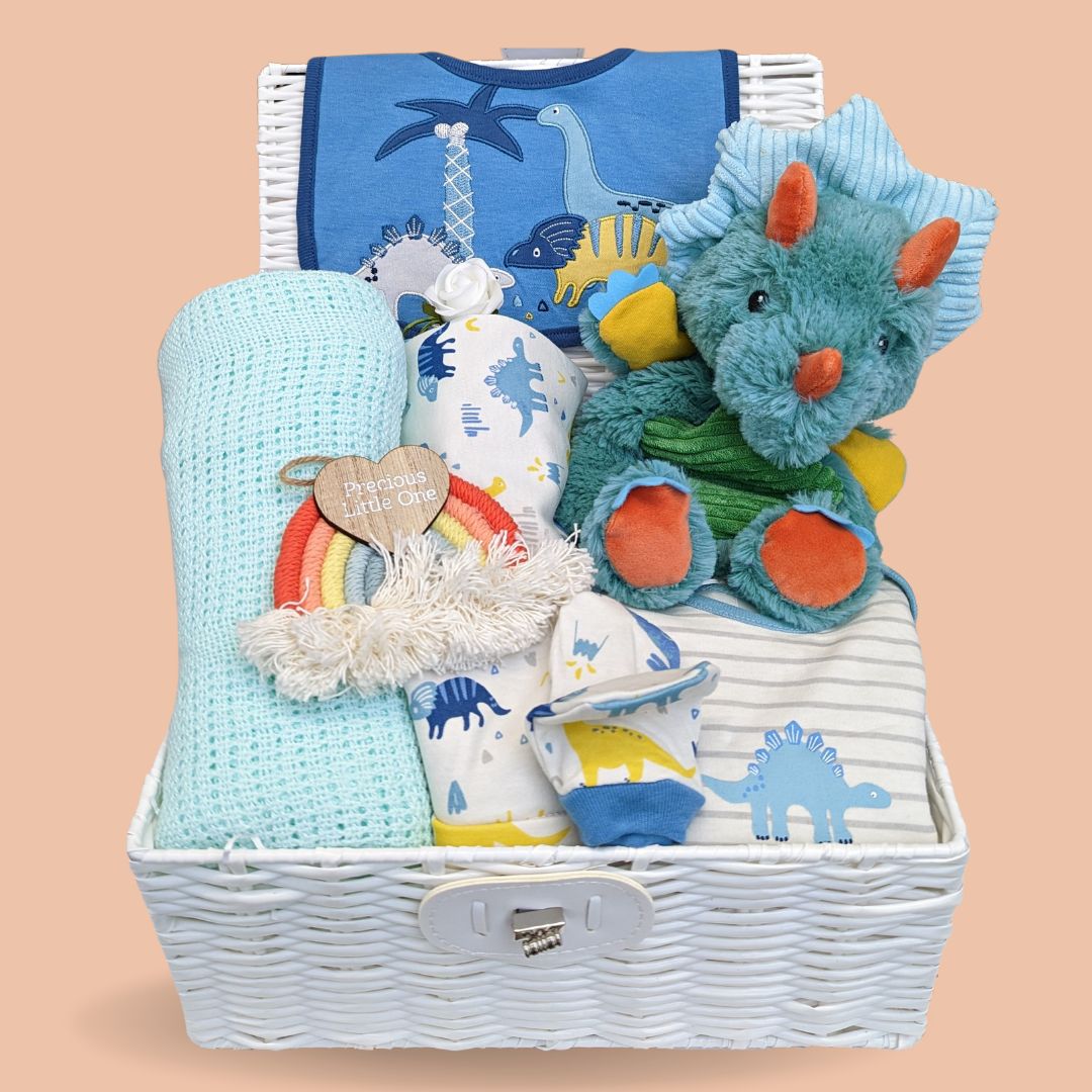 baby boy hamper with dinosaur soft toy, clothing set, blanket and hanging plaque.