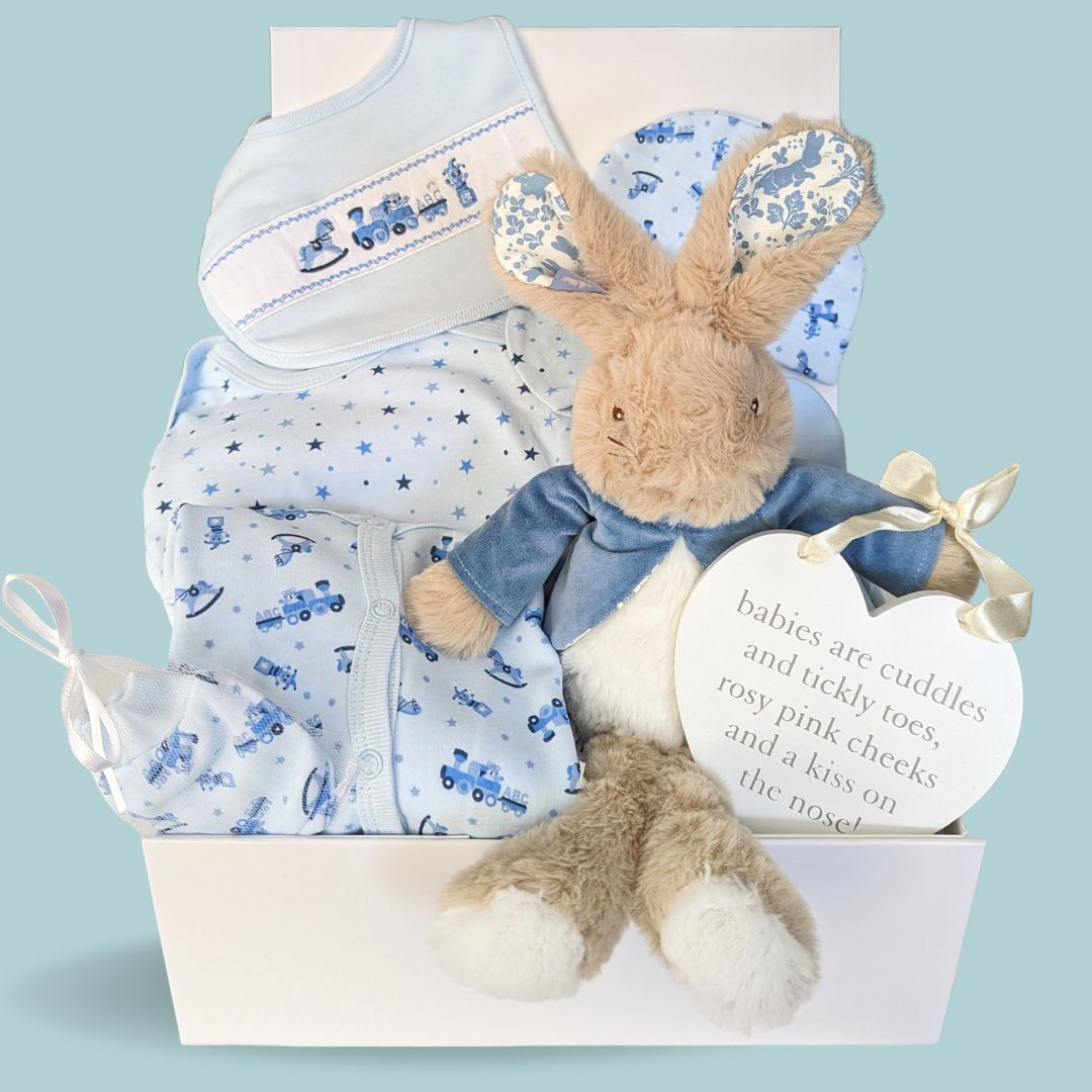 baby boy hamper box with peter rabbit soft toy, clothing set and nursery plaque.