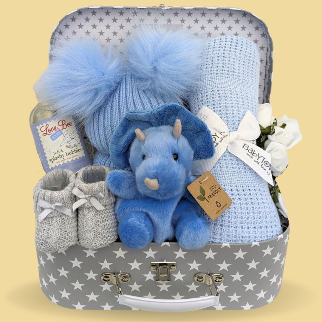 Baby boy hamper trunk with dinosaur, blanket, hat and baby booties.